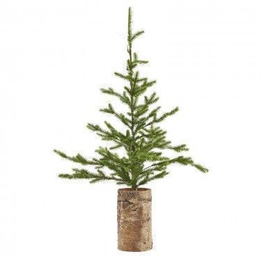 Árbol de Navidad con luces y base de madera.