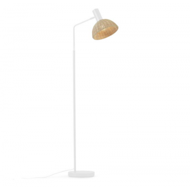 Lámpara de pie Damila de metal con acabado blanco y ratán con acabado natural