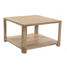 Mesa de centro madera y ratán. 76x76x45 cm.